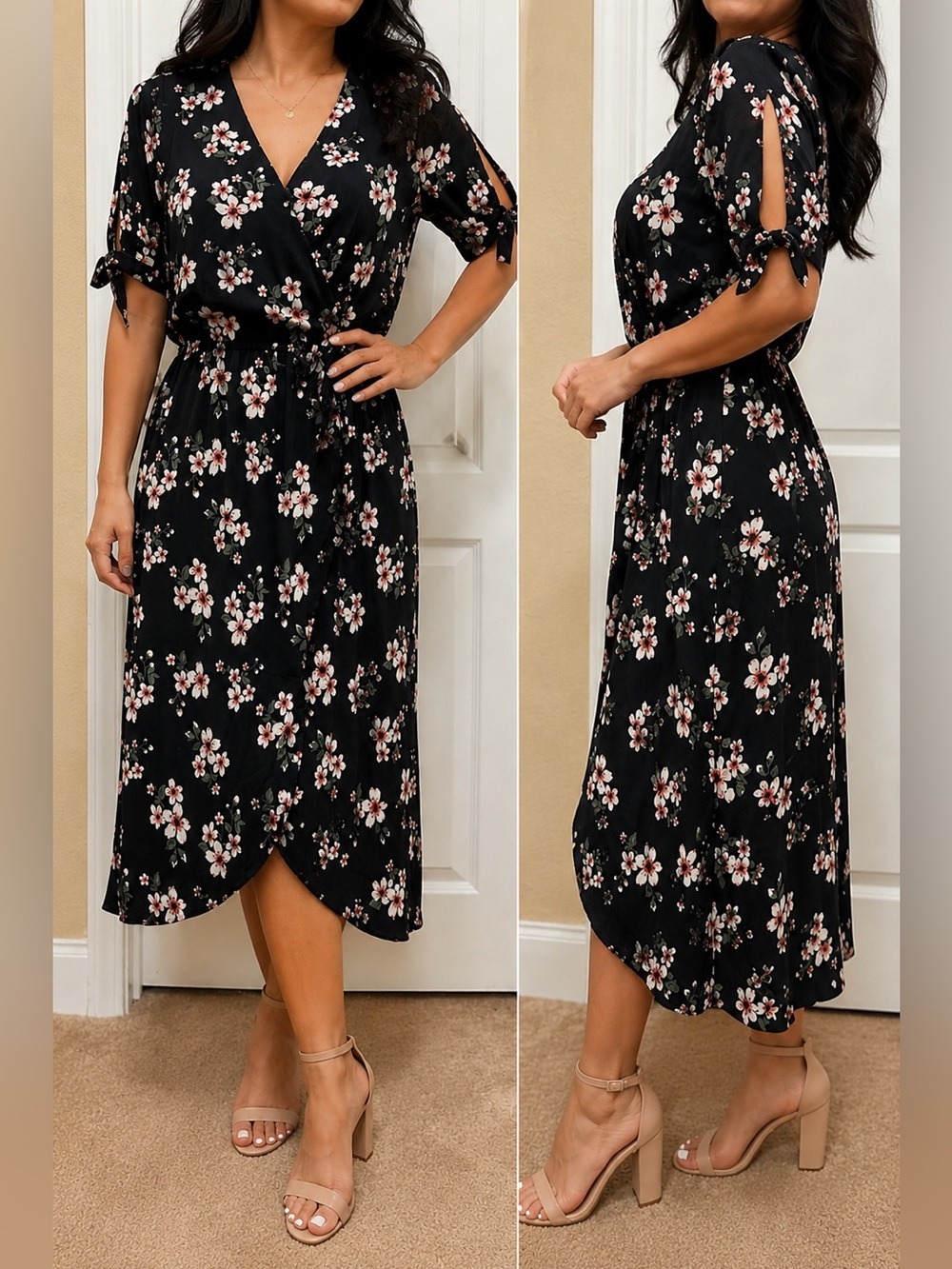 ONE CLOTHING LOS ANGELES FLORAL FUX WRAP MIDI DRESS - Medium